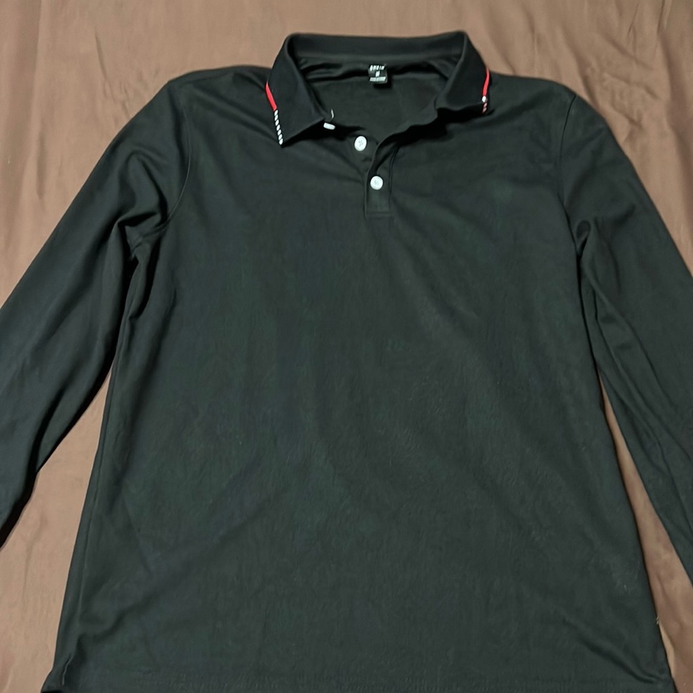 Men’s Polo shirt, long sleeve size M black with red and white detail.